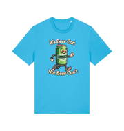 blue funny graphic t-shirt with a cartoon beer can and the slogan 'its beer can not beer cant'