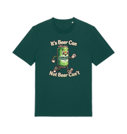green funny graphic t-shirt with a cartoon beer can and the slogan 'its beer can not beer cant'