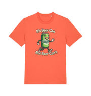 orange funny graphic t-shirt with a cartoon beer can and the slogan 'its beer can not beer cant'