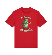 red funny graphic t-shirt with a cartoon beer can and the slogan 'its beer can not beer cant'