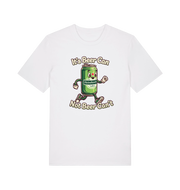 white funny graphic t-shirt with a cartoon beer can and the slogan 'its beer can not beer cant'