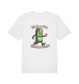 white funny graphic t-shirt with a cartoon beer can and the slogan 'its beer can not beer cant'