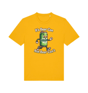 yellow funny graphic t-shirt with a cartoon beer can and the slogan 'its beer can not beer cant'
