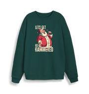 green christmas sweater with a graphic of santa drinking a beer and the slogan 'lets get ho ho hammered'