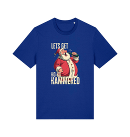blue christmas t-shirt with the graphic of santa drinking a beer and the slogan 'lets get ho ho hammered'