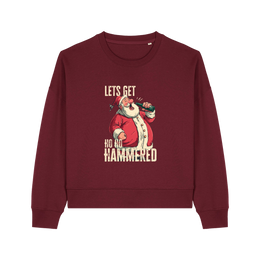 burgundy christmas sweater with the graphic of santa drinking a beer and the slogan 'lets get ho ho hammered'