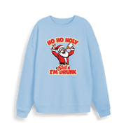 light blue christmas sweater with the graphic of santa drinking a beer and the slogan 'ho ho holy shit i'm drunk'