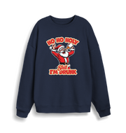 navy christmas sweater with the graphic of santa drinking a beer and the slogan 'ho ho holy shit i'm drunk'