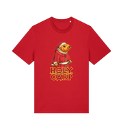 red funny offensive t-shirt with the graphic of a fish dressed in holy robes and the slogan 'holy carp'
