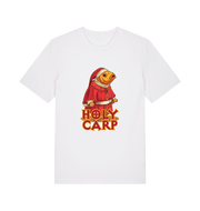 white funny offensive t-shirt with the graphic of a fish dressed in holy robes and the slogan 'holy carp'