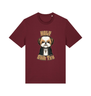 burgundy funny animal t-shirt with the graphic of a dog dressed as a priest and the slogan 'holy shihtzu'