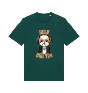 green funny animal t-shirt with the graphic of a dog dressed as a priest and the slogan 'holy shihtzu'
