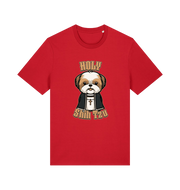 red funny animal t-shirt with the graphic of a dog dressed as a priest and the slogan 'holy shihtzu'