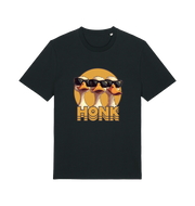 black funny graphic t-shirt with three geese in sunglasses and the slogan 'honk'