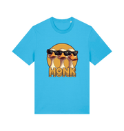 blue funny graphic t-shirt with three geese in sunglasses and the slogan 'honk'