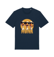 navy funny graphic t-shirt with three geese in sunglasses and the slogan 'honk'