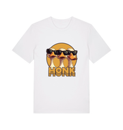 white funny graphic t-shirt with three geese in sunglasses and the slogan 'honk'