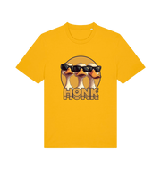 yellow funny graphic t-shirt with three geese in sunglasses and the slogan 'honk'