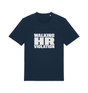 navy funny t-shirt with the slogan 'walking hr violation'