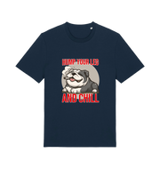navy funny dog t-shirt with a graphic of a dog and the slogan 'Hump Your Leg and Chill' 