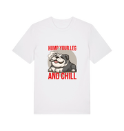 white funny dog t-shirt with a graphic of a dog and the slogan 'Hump Your Leg and Chill' 