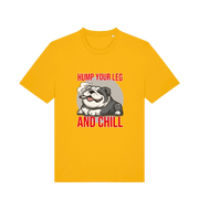 yellow funny dog t-shirt with a graphic of a dog and the slogan 'Hump Your Leg and Chill' 