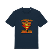 navy funny dad t-shirt with Superman logo and slogan 'i can fart and walk away what's your superpower'