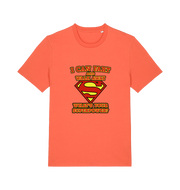 orange funny dad t-shirt with Superman logo and slogan 'i can fart and walk away what's your superpower'