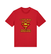 red funny dad t-shirt with Superman logo and slogan 'i can fart and walk away what's your superpower'