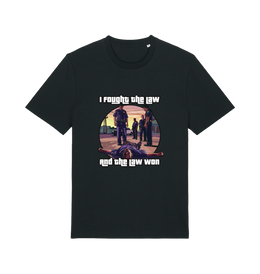 black music t-shirt with a GTA style graphic and the slogan 'i fought the law and the law won'