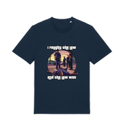 navy music t-shirt with a GTA style graphic and the slogan 'i fought the law and the law won'