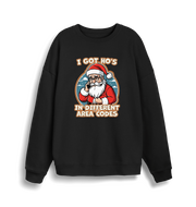 black christmas sweater with the graphic of santa on the telephone and the slogan 'i got ho's in different area codes'