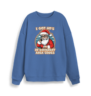 blue christmas sweater with the graphic of santa on the telephone and the slogan 'i got ho's in different area codes'