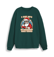green christmas sweater with the graphic of santa on the telephone and the slogan 'i got ho's in different area codes'