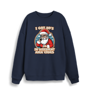 navy christmas sweater with the graphic of santa on the telephone and the slogan 'i got ho's in different area codes'