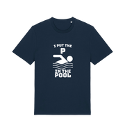 navy funny offensive t-shirt with the slogan 'i put the p in pool'