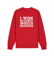 red christmas sweater with the slogan 'i wish my family would disappear'