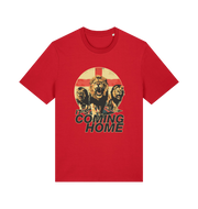 red football t-shirt with the graphic of three lions and the slogan 'it's coming home'