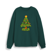 green christmas sweater with the graphic of a christmas tree and the slogan 'it's lit'