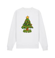 white christmas sweater with the graphic of a christmas tree and the slogan 'it's lit'