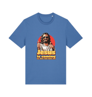 blue funny jesus t-shirt with a graphic of jesus sticking his thumbs up and the slogan 'jesus is coming all over your mums tits'