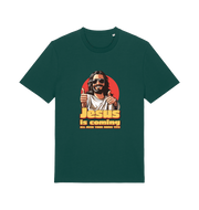 green funny jesus t-shirt with a graphic of jesus sticking his thumbs up and the slogan 'jesus is coming all over your mums tits'