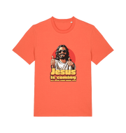 orange funny jesus t-shirt with a graphic of jesus sticking his thumbs up and the slogan 'jesus is coming all over your mums tits'