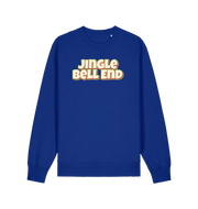 blue christmas sweater with the slogan 'jingle bellend'