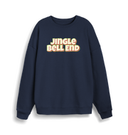 navy christmas sweater with the slogan 'jingle bellend'