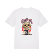 white funny animal t-shirt with a Shih Tzu graphic wearing a martial arts uniform 