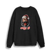 black xmas sweater with the graphic of santa and the slogan 'jolly af'