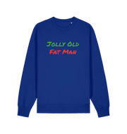 blue christmas sweater with the slogan 'jolly old fat man'