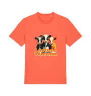 orange funny animal t-shirt with a graphic of  cows and the slogan 'Lactose Tolerant' 