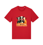red funny animal t-shirt with a graphic of  cows and the slogan 'Lactose Tolerant' 
